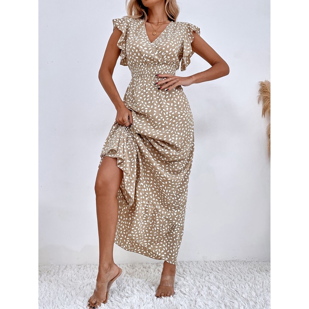 Neutral Tan White Spot Print Ruffle Shirred Maxi Dress - Picture 5 of 6